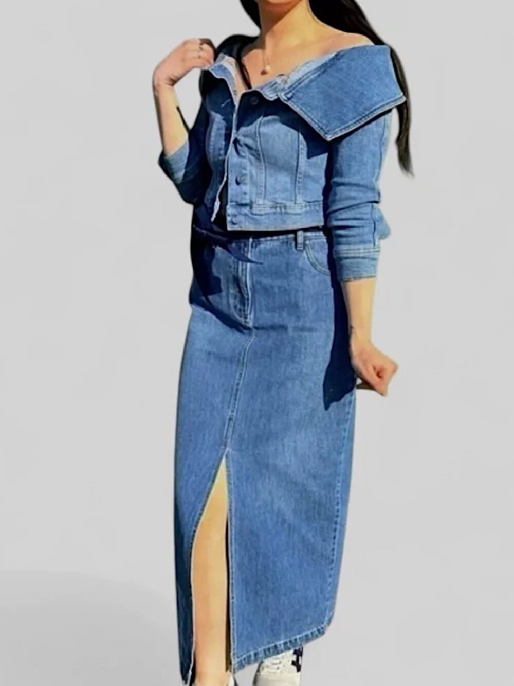 HOUSE OF HARLOW 1960 Denim Midi Pencil Skirt High Rise Split Front Blue